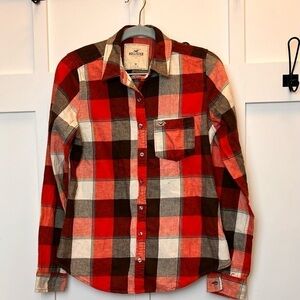Hollister Women's Button Up Down Shirt Red White Plaid Long Sleeve Size Medium